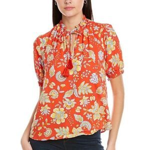 Nanette Lepore Size M Elbow Short Sleeve Saffron Sun Print Floral Red Blouse